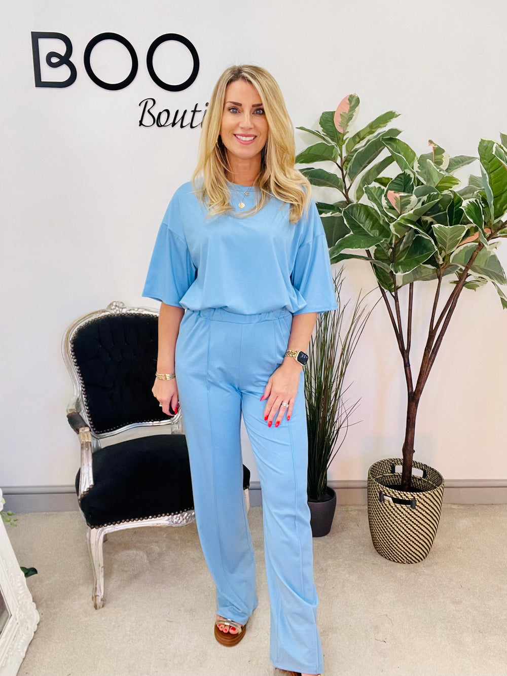 LADIES WOMENS BLUE CASUAL TRAVELLING COMFY WIDE TROUSER CO ORD SET