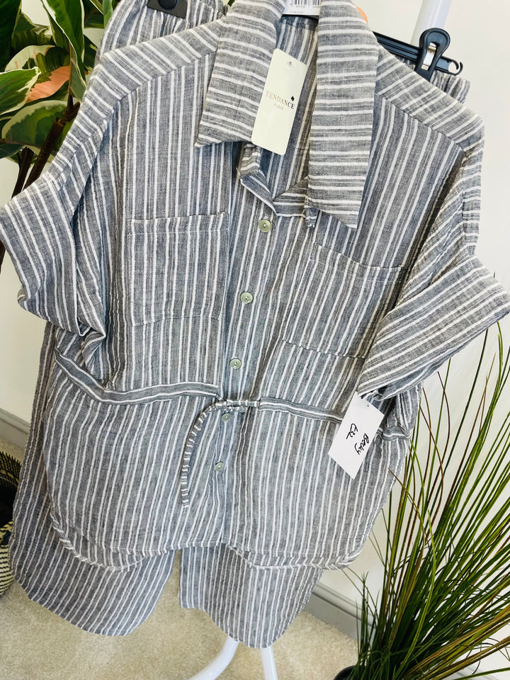 LADIES PINSTRIPE LINEN TROUSER CO ORD SET - BLUE, GREY, KHAKI & BEIGE