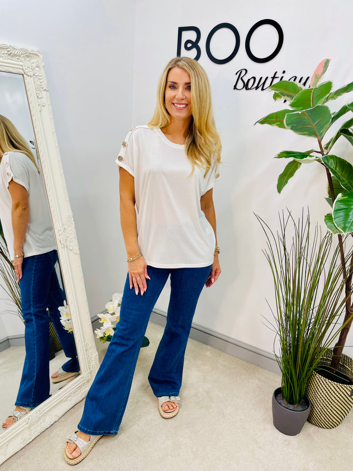 LADIES CASUAL STRETCH GOLD BUTTON T SHIRT - PINK, NAVY, WHITE, BLACK, KHAKI