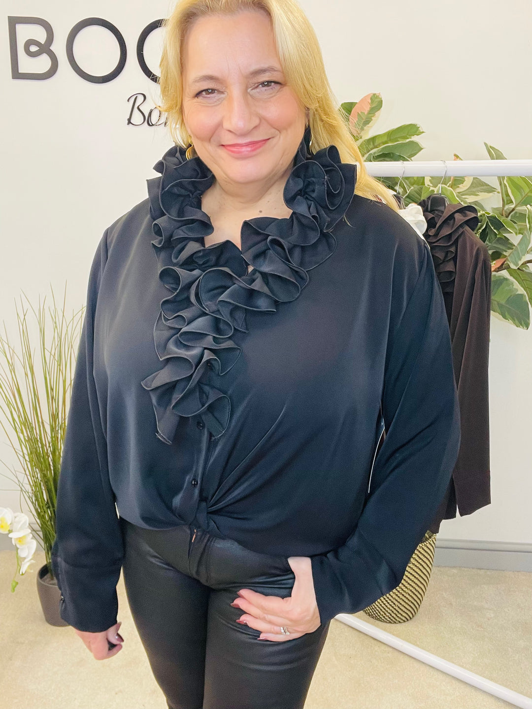 LADIES RUFFLE FRILL BLOUSE SHIRT - WHITE, BLACK, BROWN & BERRY