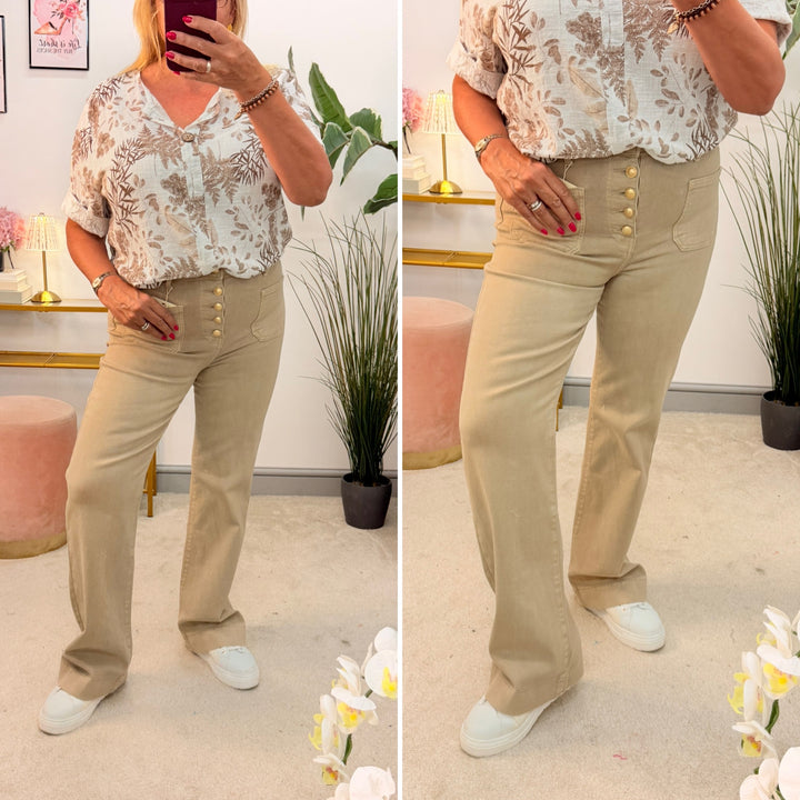 Ladies Fashion Beige Wide Leg Button Fly Stretch Jeans