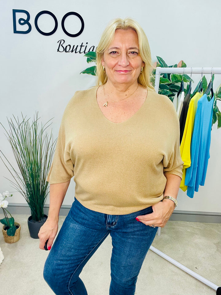 LADIES SOFT FINE KNIT V NECK TOP - YELLOW, WHITE, BROWN, TURQUOISE, CAMEL