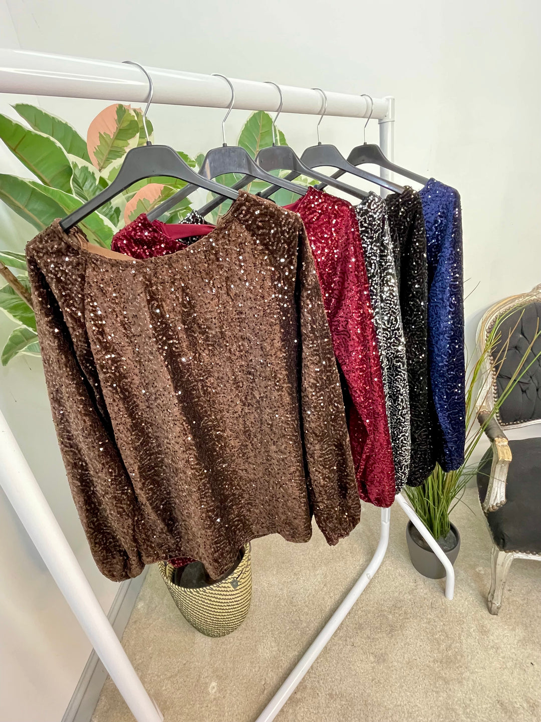 LADIES SEQUIN BOW BACK PARTY TOP - BROWN, BLACK, NAVY, BERRY & SILVER