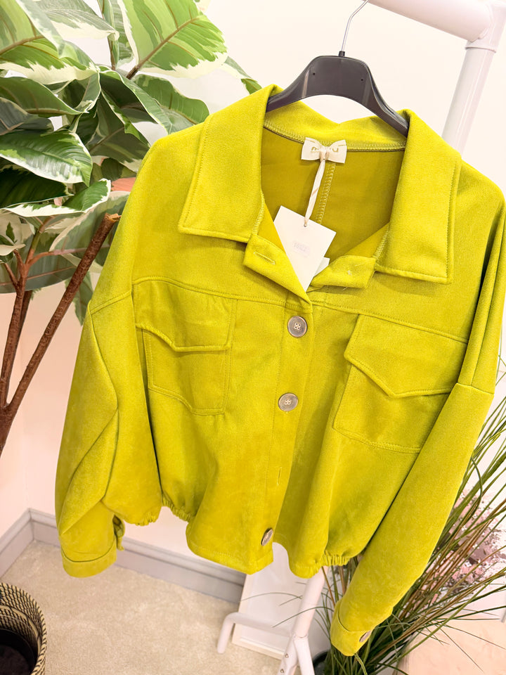 Ladies Fashion Faux Suede Bomber Jacket - camel, brown & lime