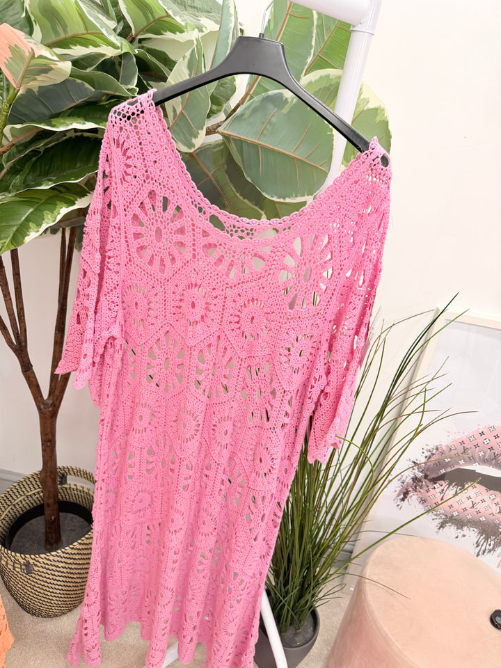 Ladies Fashion Crochet Beach Summer Maxi Dress - Blue, Pink, Fuschia, Orange, White