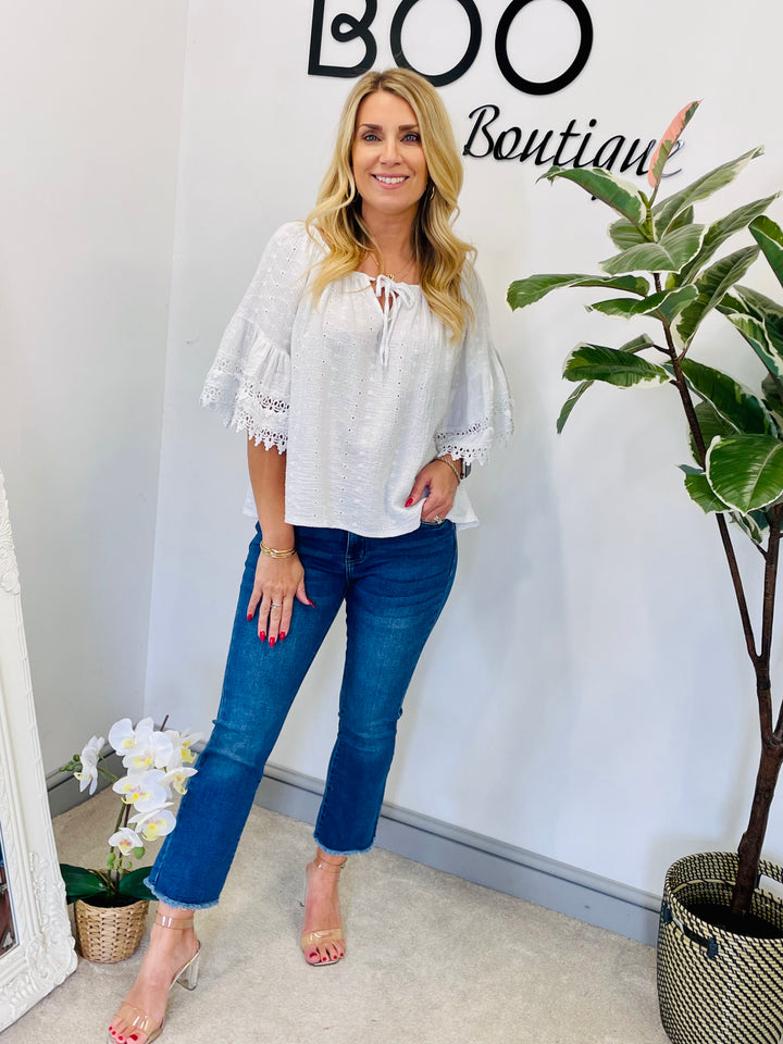 LADIES BRODERIE ANGLAISE BARDOT SUMMER TOP - PINK, WHITE, BLUE, NAVY, YELLOW