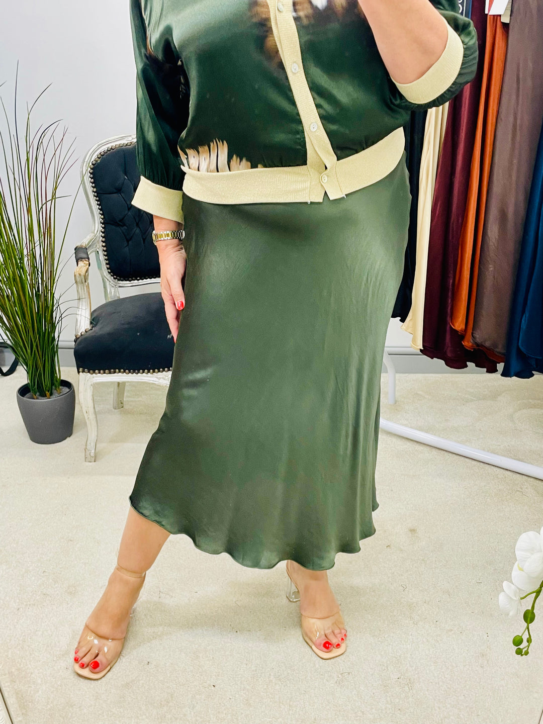 LADIES SATIN MAXI SKIRT - WINE, BLACK, BROWN, RUST, KHAKI, GOLD, NAVY