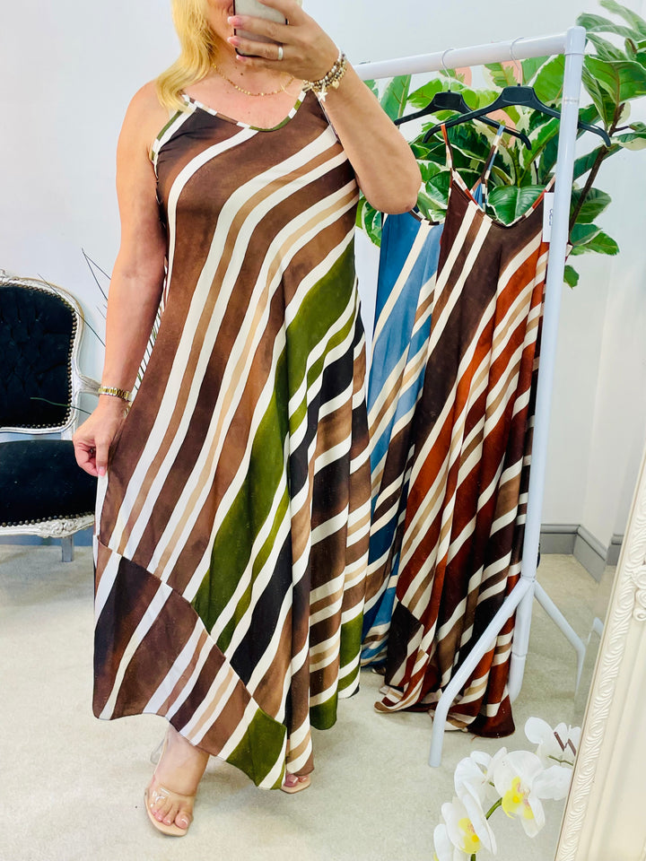 LADIES STRIPE SUMMER SATIN MAXI DRESS - BLUE, BROWN & KHAKI