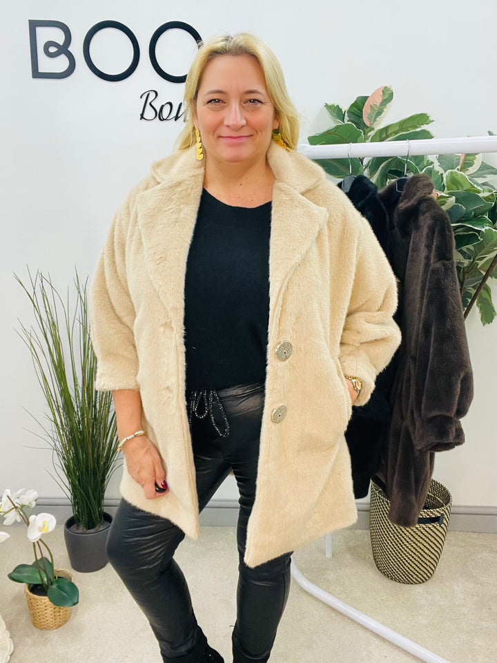 LADIES LUXURY FAUX FUR COAT JACKET - BLACK, BEIGE & BROWN