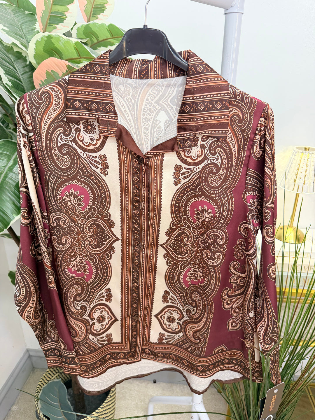 Womens Burgundy Paisley Print Satin Shirt Blouse Top
