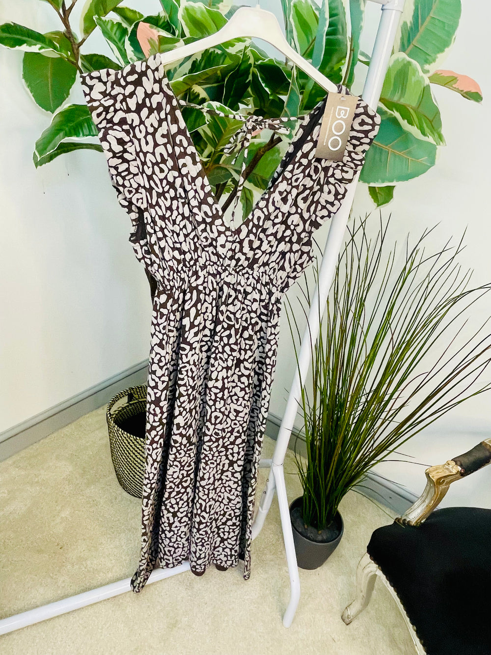 LADIES BROWN LEOPARD PRINT CHEESECLOTH MAXI SUMMER DRESS