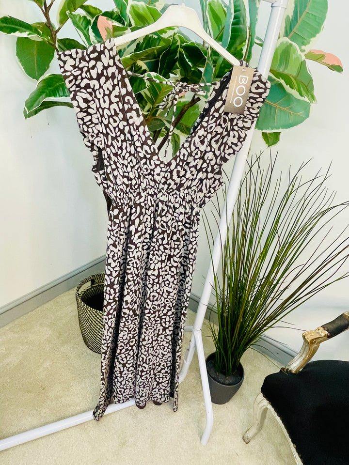 LADIES BROWN LEOPARD PRINT CHEESECLOTH MAXI SUMMER DRESS