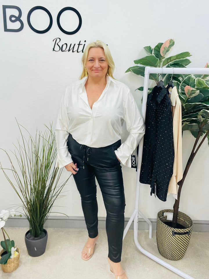 LADIES SPARKLY STRETCH BLOUSE SHIRT - WHITE, BLACK, CHAMPAGNE