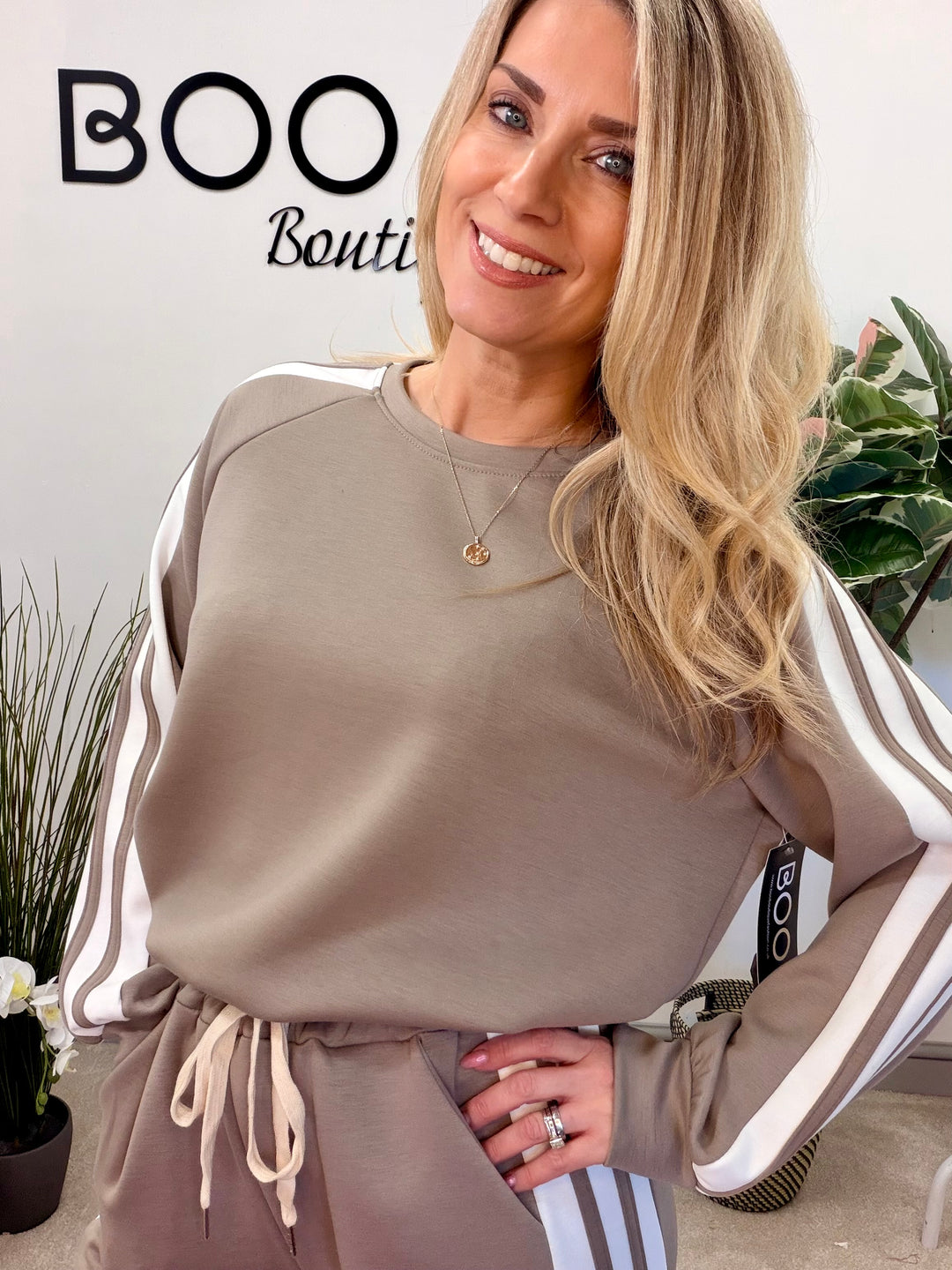 Ladies Fashion Wide Leg Tracksuit co ord set taupe mocha beige