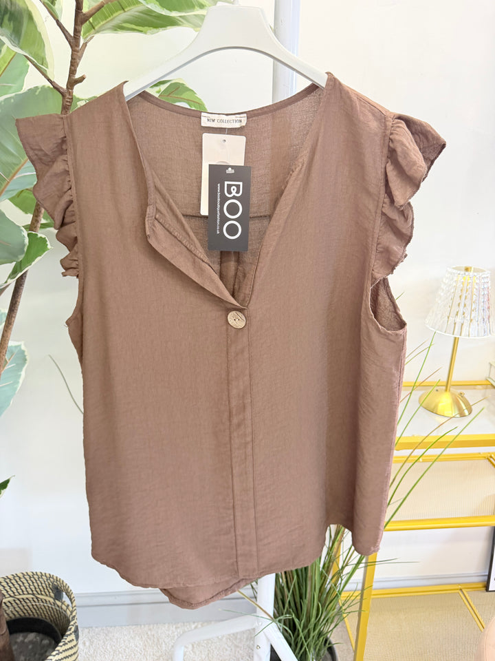Ladies Frill Sleeve Grandad Top - Blue, Pink, Brown, White, Black & Mocha