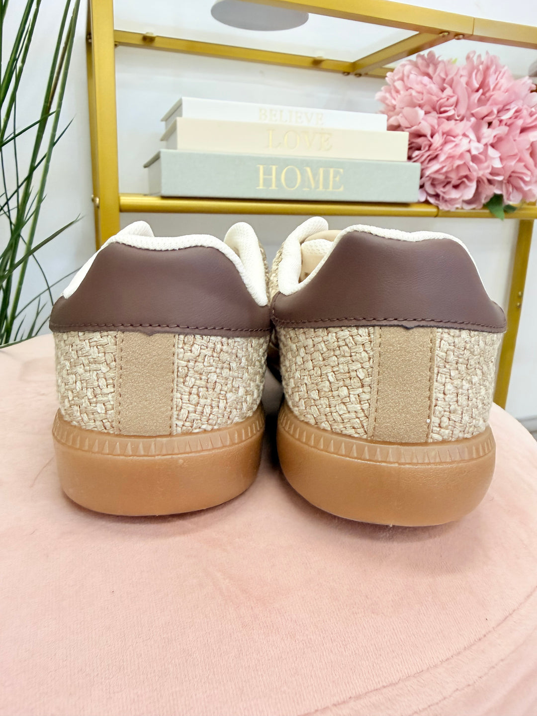 Ladies Fashion Beige Flat Inspired Stripe Trainers 