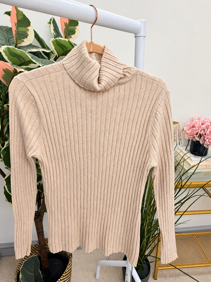 Women’s ribbed knit roll neck jumper beige