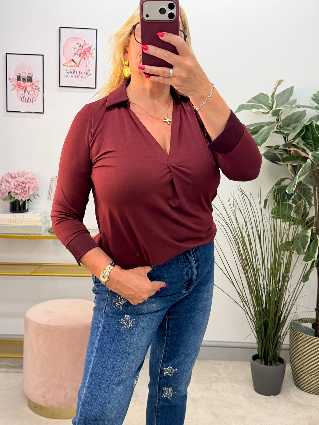 Ladies Fashion V Neck Top - White, Brown, Black, Beige, Wine, Khaki