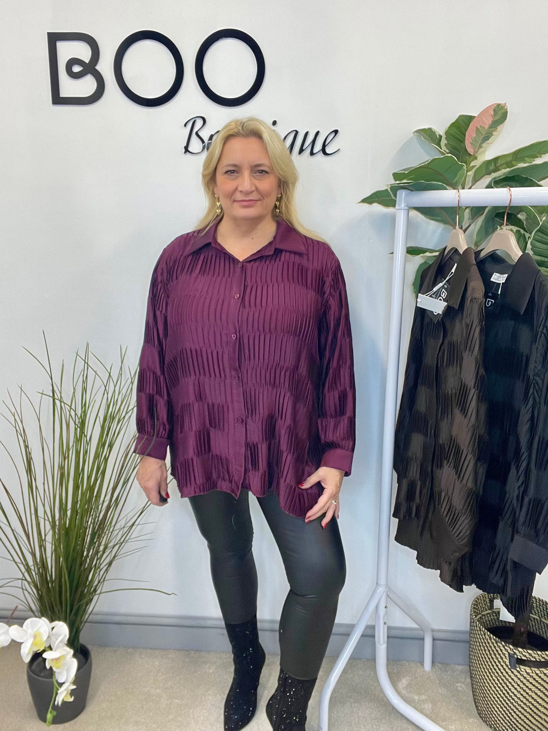 LADIES PLEATED OVERSIZE SHIRT BLOUSE - BLACK, PLUM & BROWN