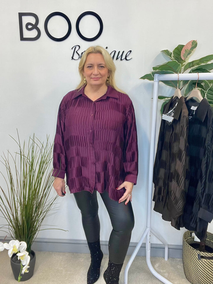 LADIES PLEATED OVERSIZE SHIRT BLOUSE - BLACK, PLUM & BROWN