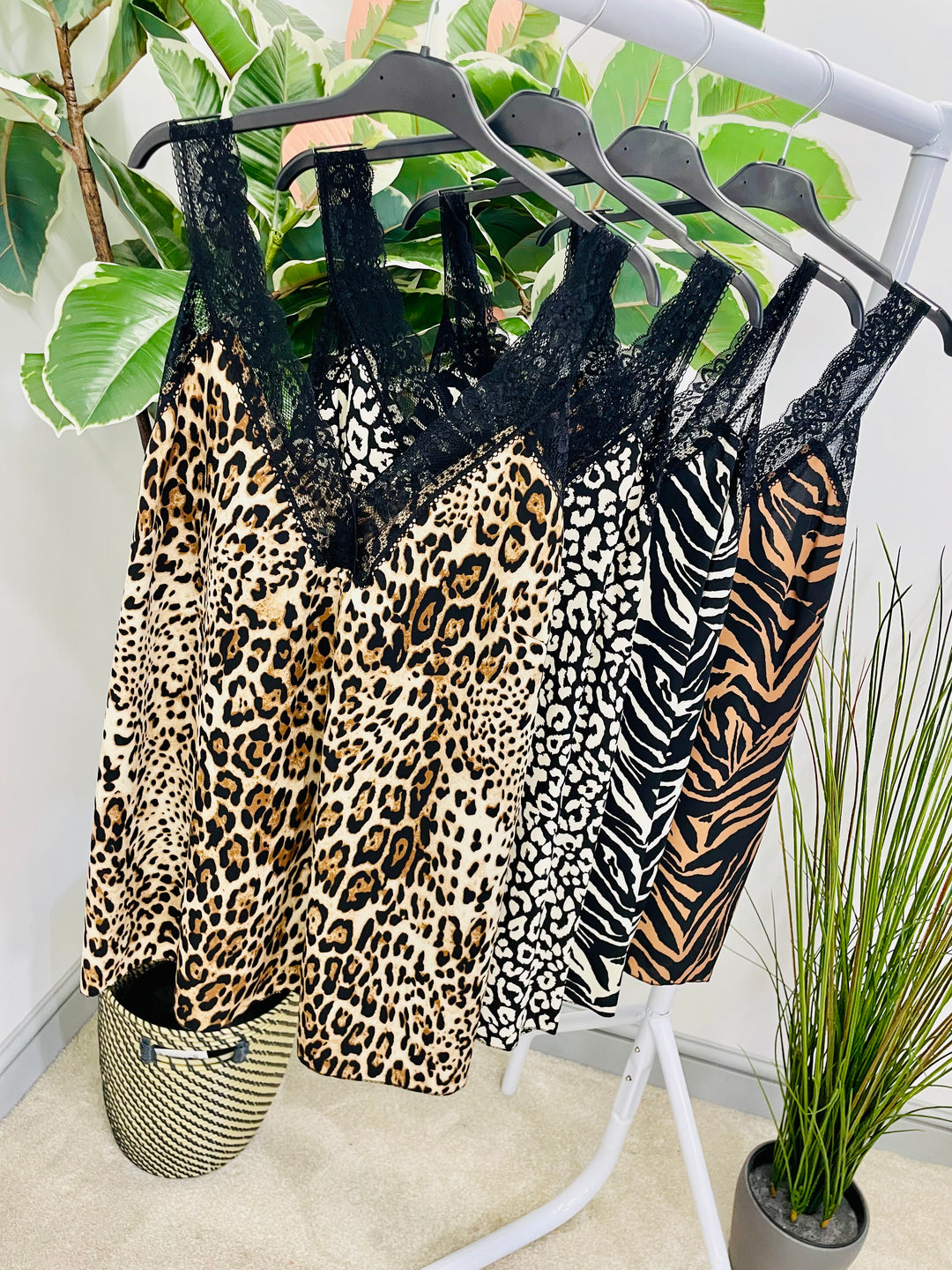 LADIES ANIMAL PRINT SATIN LACE EDGE CAMI VEST TOP - ZEBRA & LEOPARD PRINT