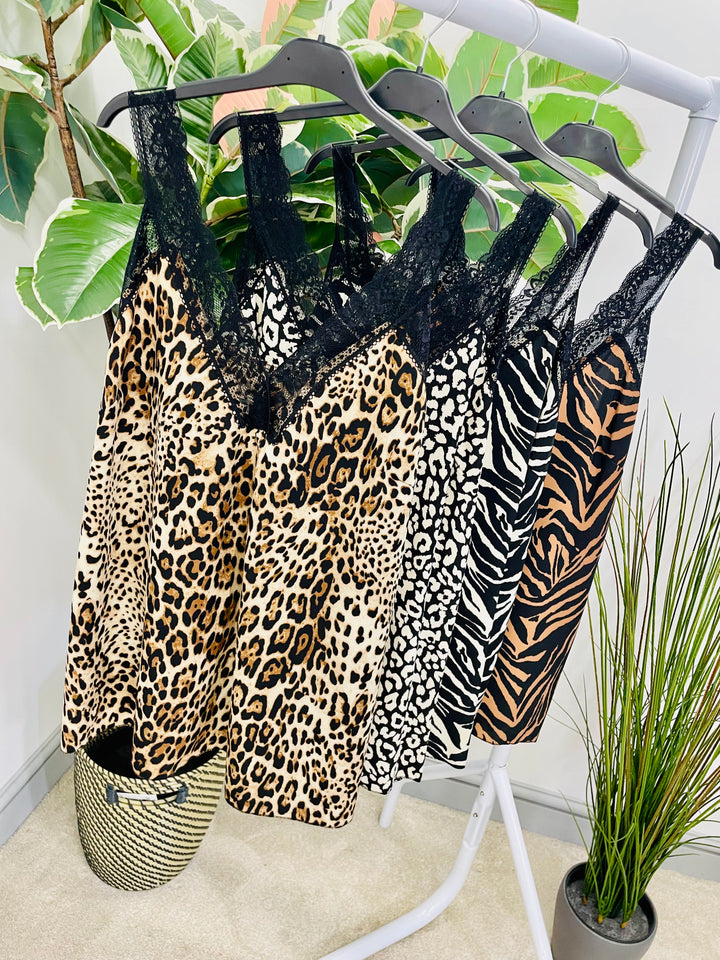 LADIES ANIMAL PRINT SATIN LACE EDGE CAMI VEST TOP - ZEBRA & LEOPARD PRINT