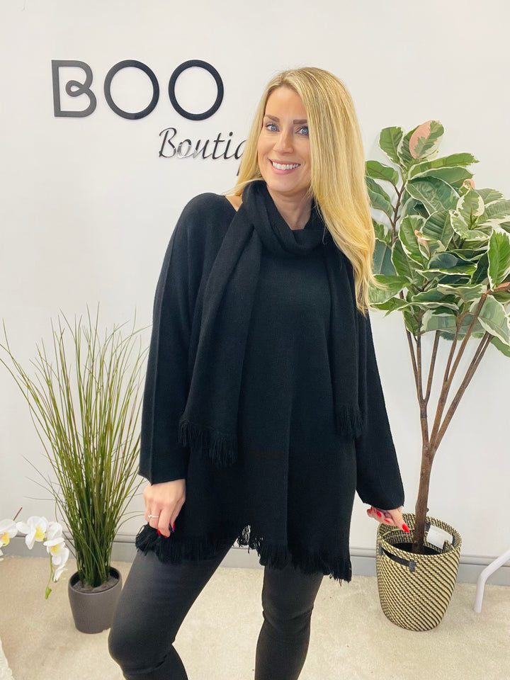 LADIES OVERSIZE JUMPER & SCARF SET BLACK