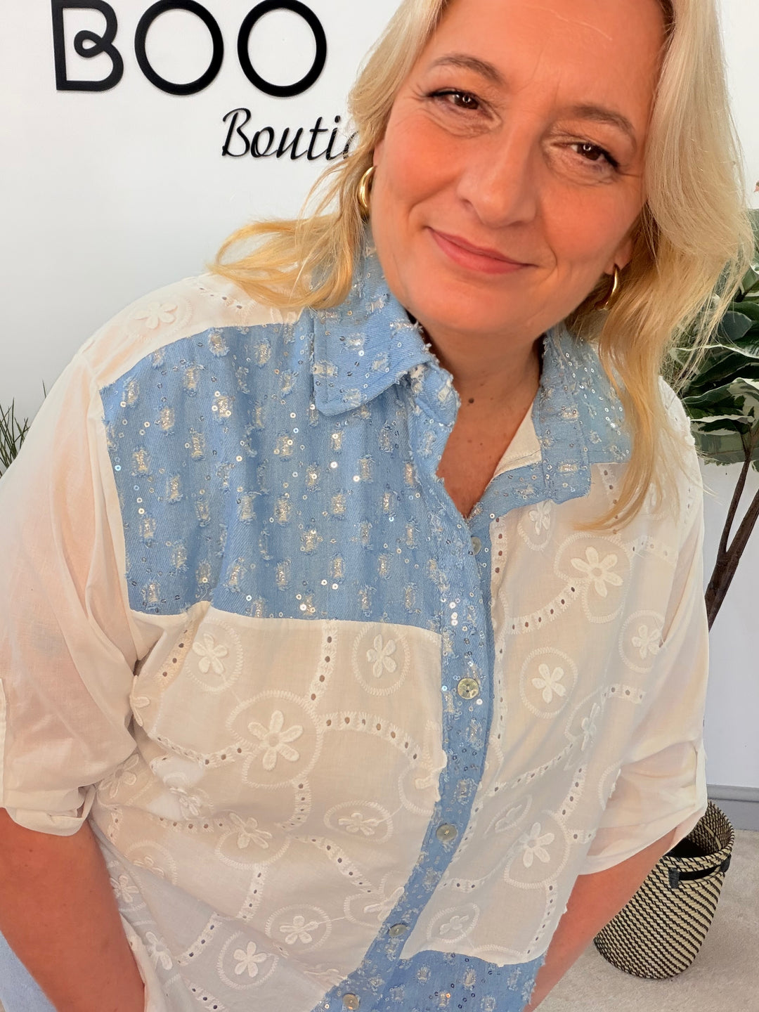 Ladies Fashion White Broderie Anglaise Denim Shirt