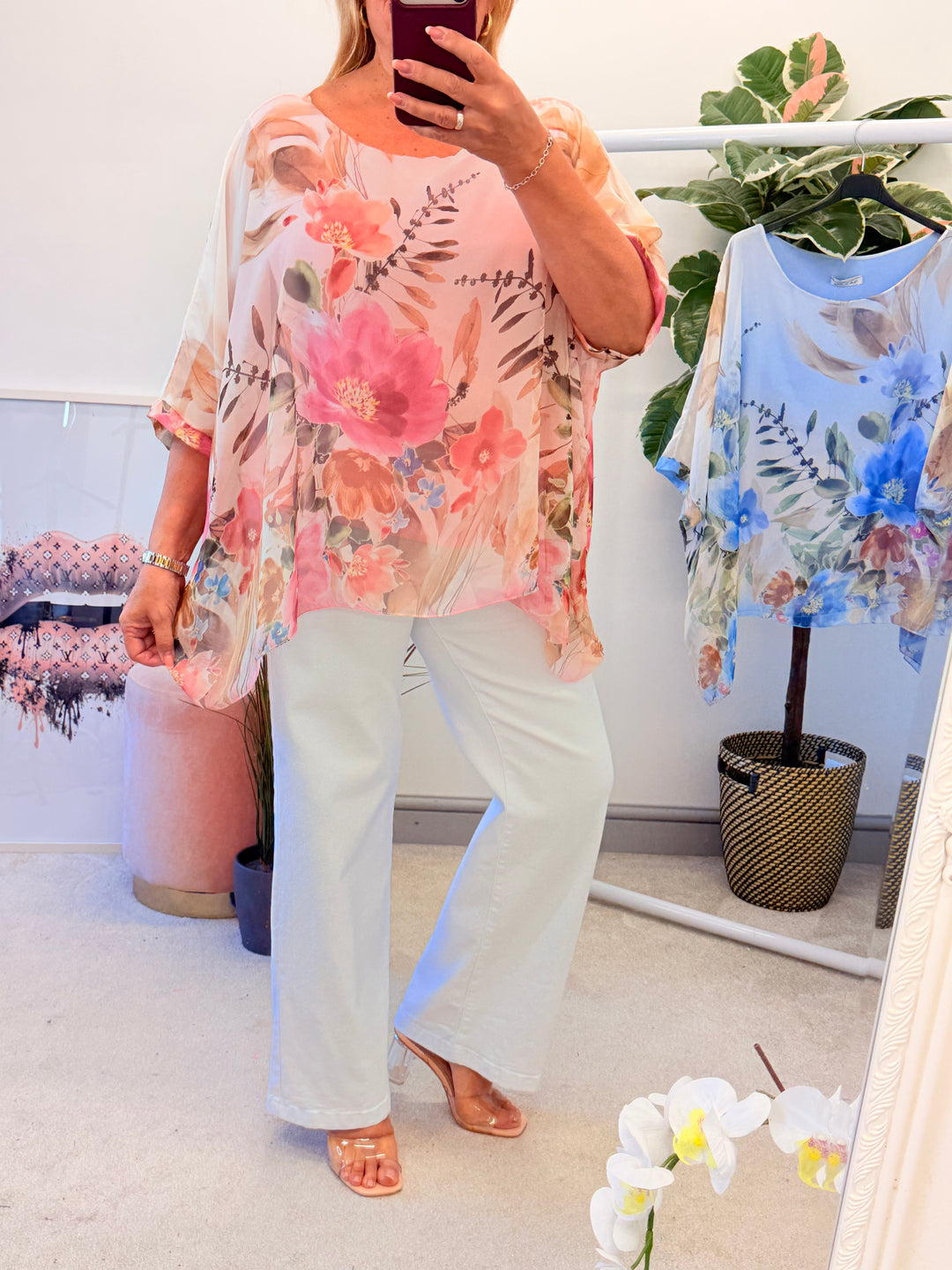 Ladies Flower Print Silky Floaty Summer Top - Pink & Blue