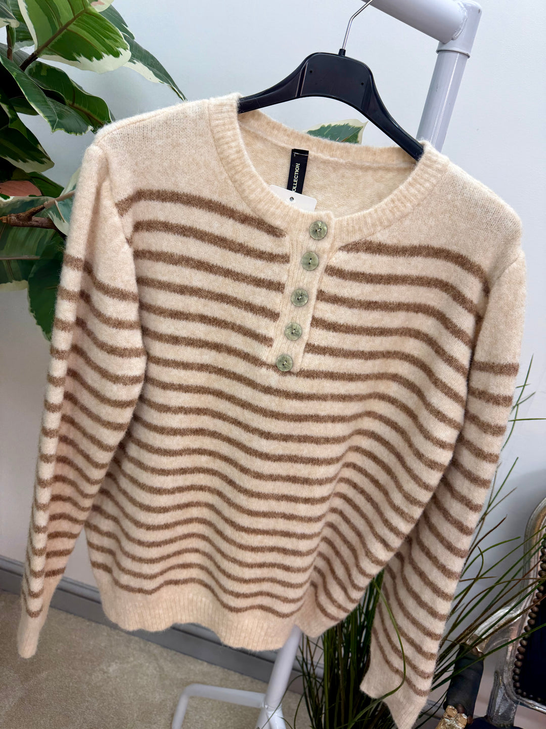 LADIES SOFT KNIT STRIPE GRANDAD JUMPER - LEMON, PINK, BLUE & BEIGE