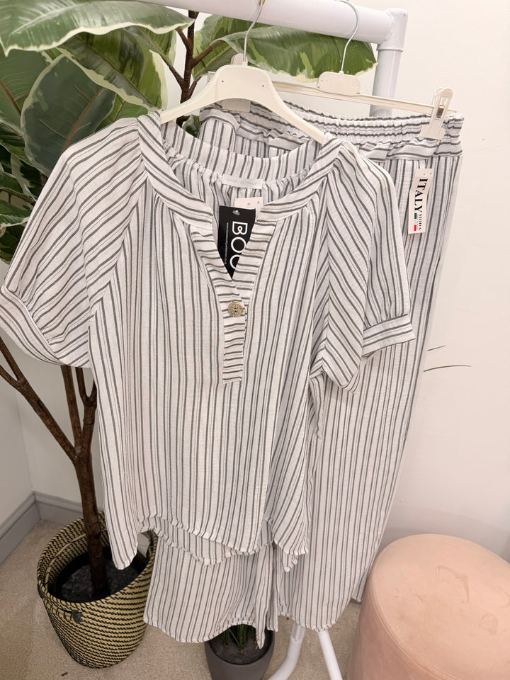 Ladies Fashion Stripe Wide Leg Trouser Co Ord Set - Khaki, Blue, White & Beige