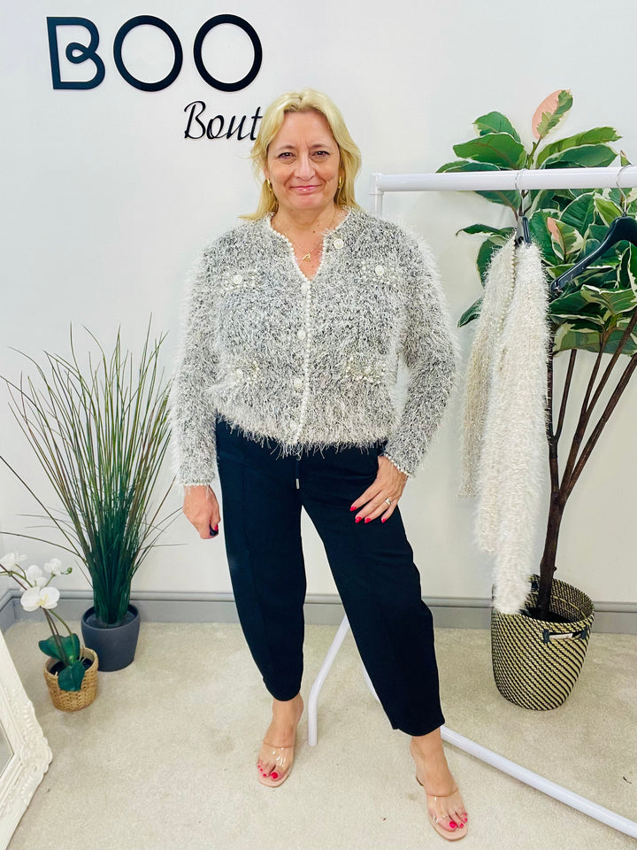 LADIES DESIGNER INSPIRED FLUFFY LUREX CARDIGAN - BEIGE & BLACK