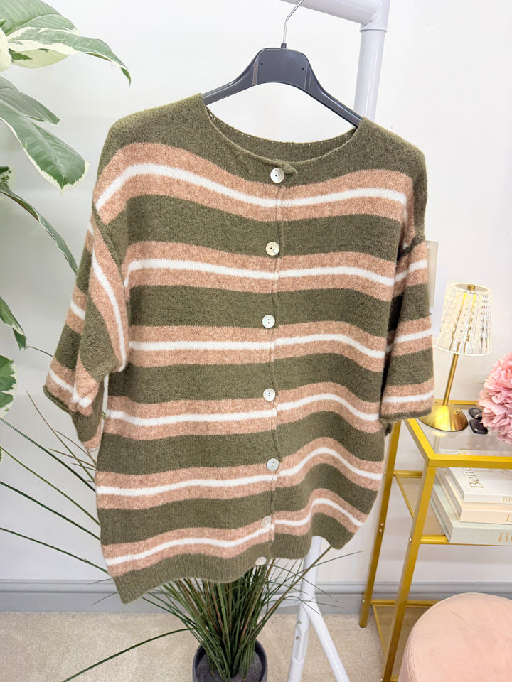 Ladies Fashion Stripe Short Sleeve Cardigan Jumper - Khaki, Camel & Black
