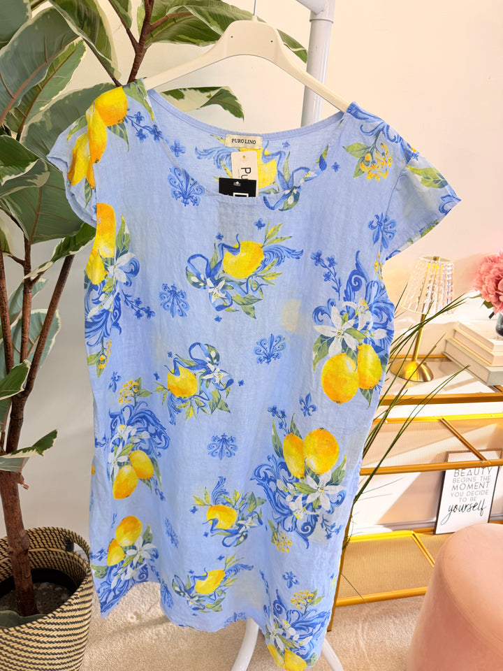 Ladies Linen Lemon Print Shift Summer Dress - Lemon, White & Blue