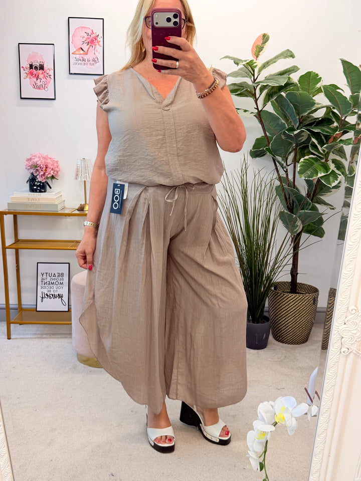 Ladies Frill Sleeve Grandad Top - Blue, Pink, Brown, White, Black & Mocha