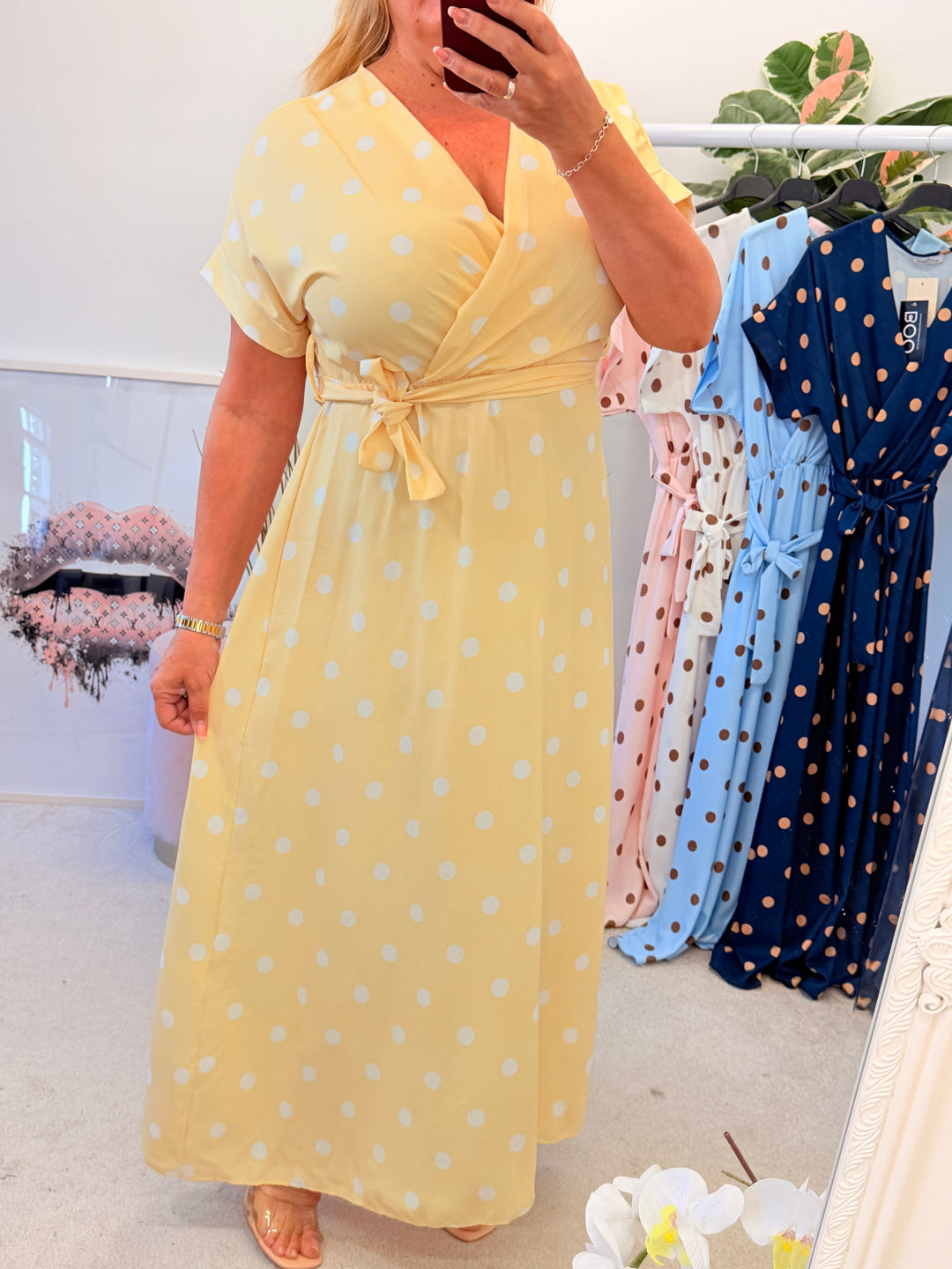Ladies Polka Dot Wrap Midi Dress - Navy, Cream, Pink, Lemon & Pale Blue
