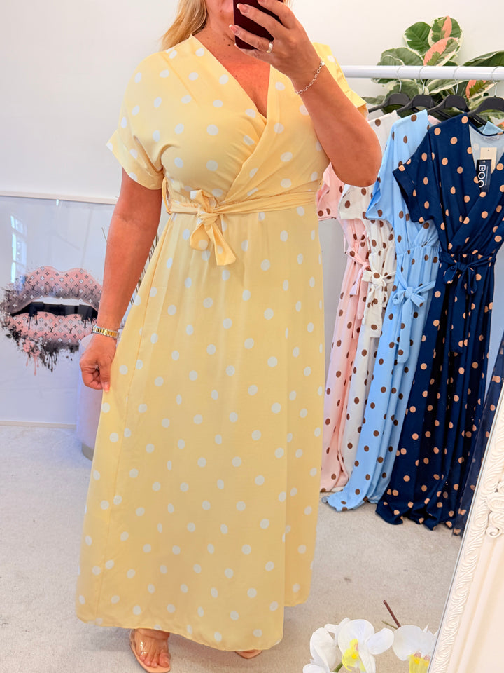 Ladies Polka Dot Wrap Midi Dress - Navy, Cream, Pink, Lemon & Pale Blue