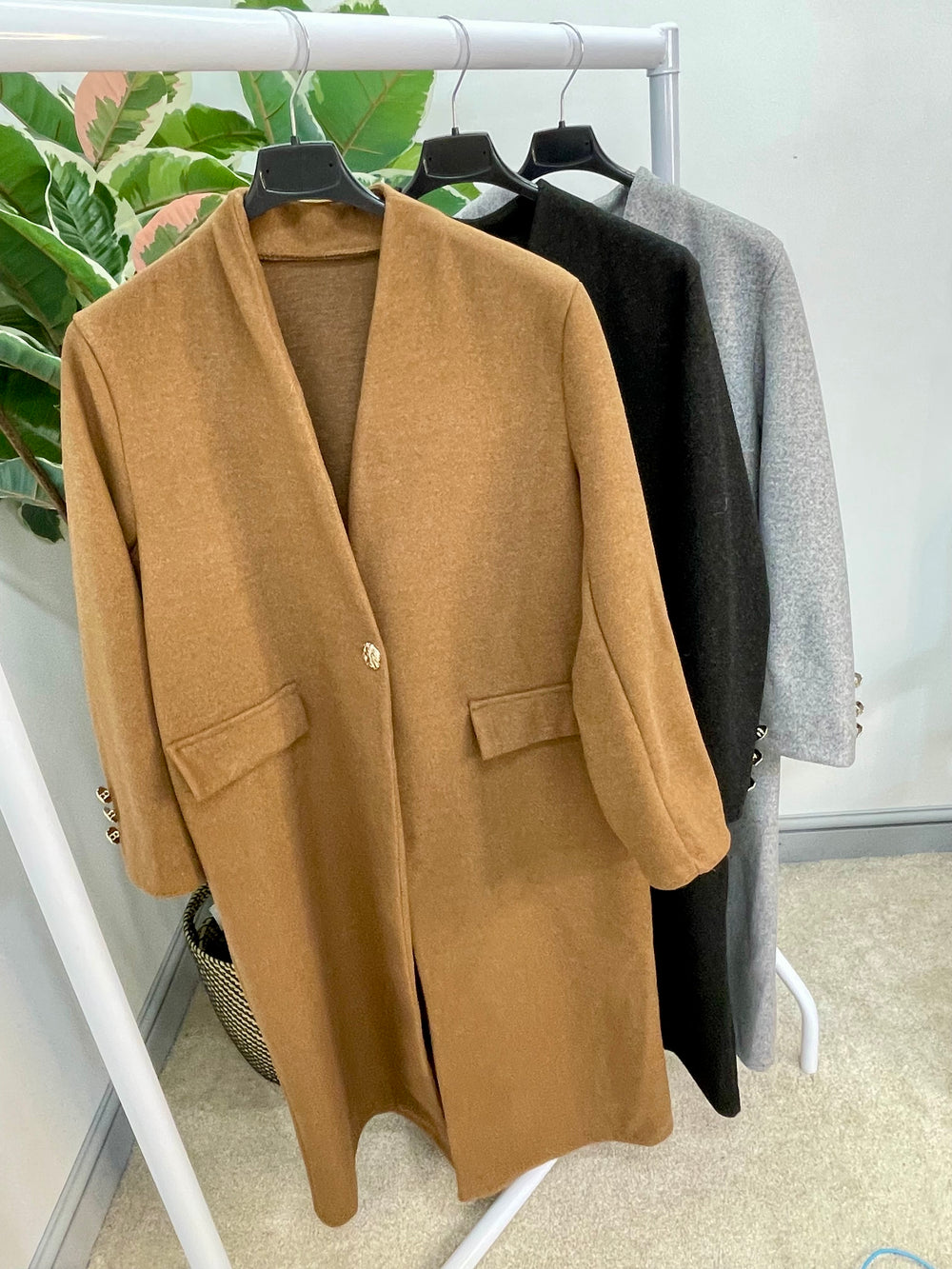 LADIES V NECK DUSTER COAT - CAMEL, CHARCOAL BLACK & GREY
