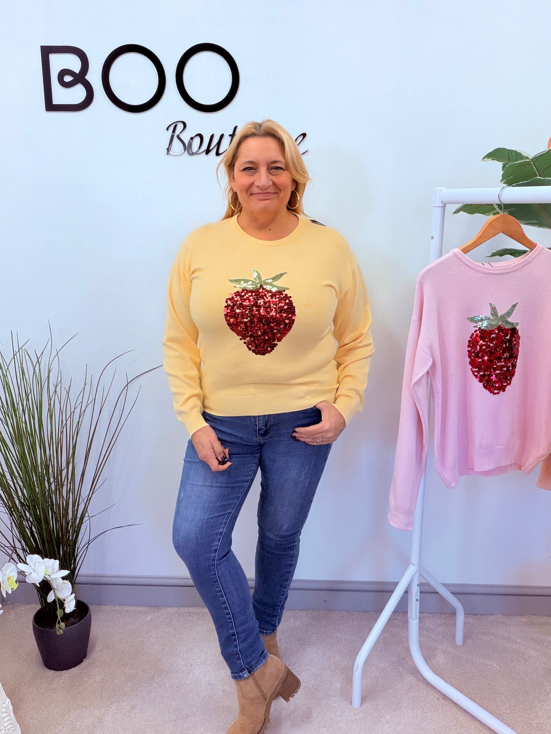 LADIES SEQUIN STRAWBERRY JUMPER - LEMON & PINK