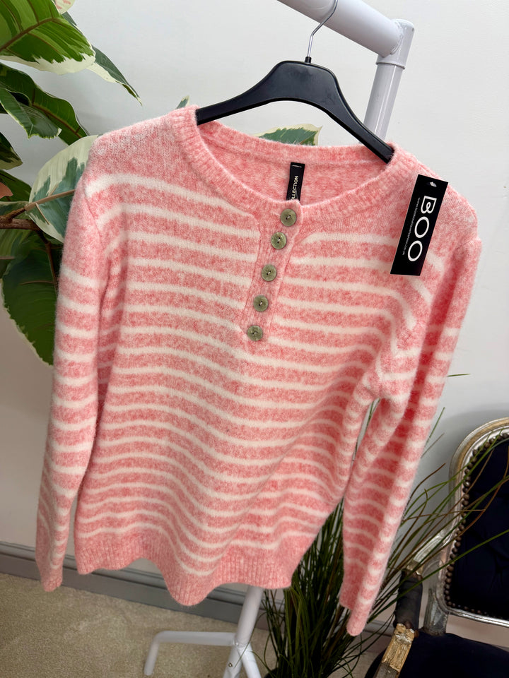 LADIES SOFT KNIT STRIPE GRANDAD JUMPER - LEMON, PINK, BLUE & BEIGE