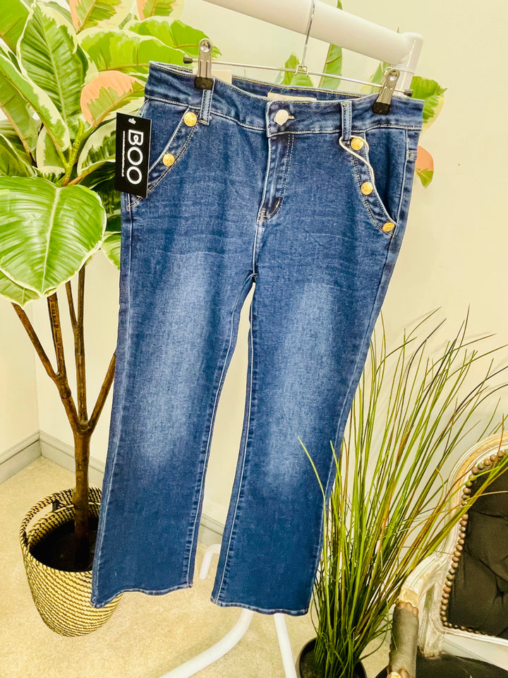 LADIES DARK BLUE DENIM KICK FLARE JEANS