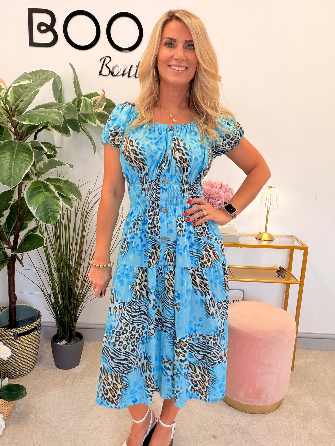 Ladies Animal Print Magic Bardot Midi Dress - Pink, Blue, Beige