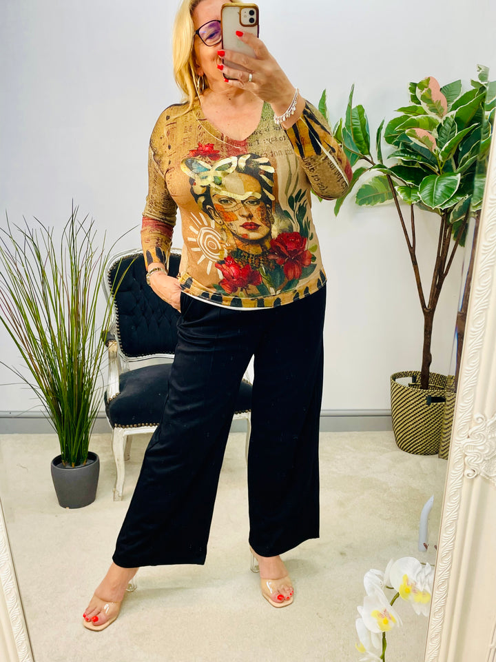 LADIES FRIEDA PRINT GOLD LUREX LONG SLEEVE TOP