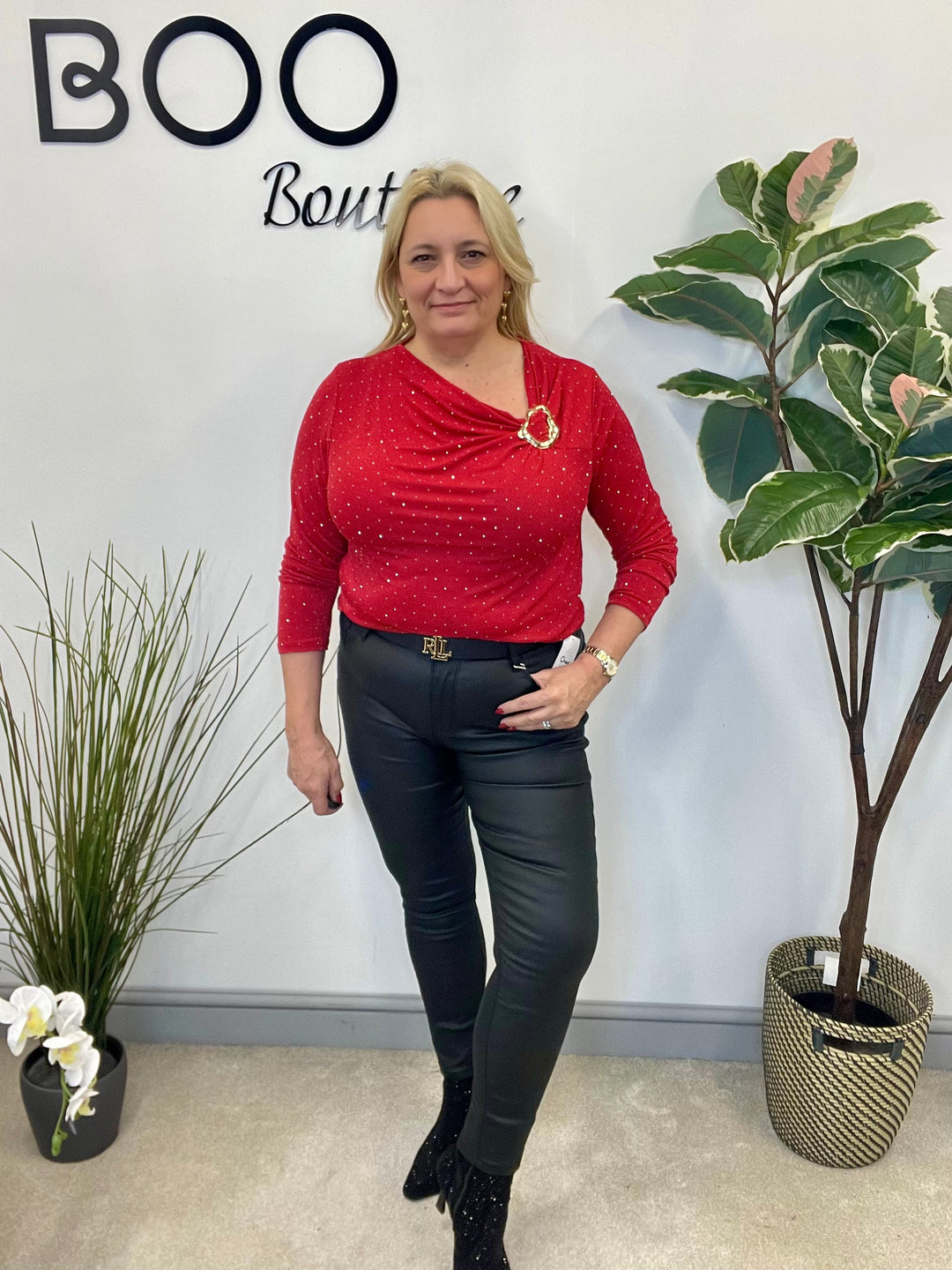 LADIES LUREX PARTY TOP - BLACK, RED, SILVER