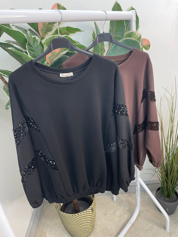 LADIES SCUBA SEQUIN SWEATSHIRT TOP - BLACK & BROWN