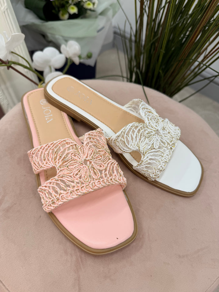 WOVEN SLIDER SANDALS ( 256 ) - white and pink
