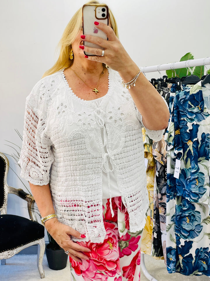 The YVONNE white crochet cardigan