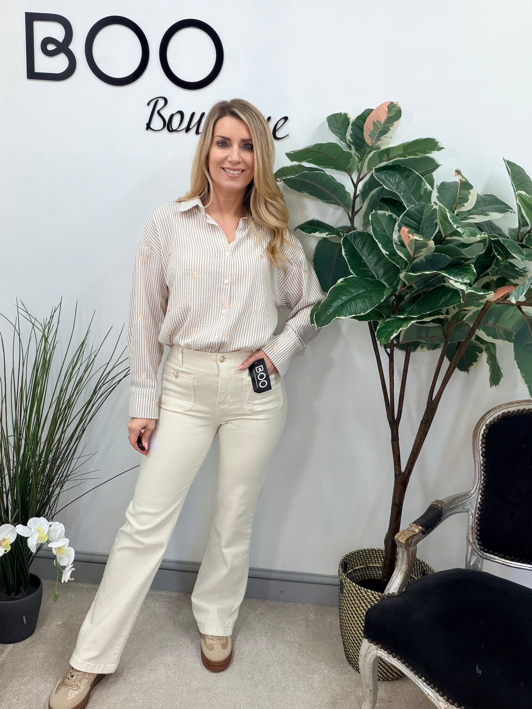 Ladies Fashion Pinstripe Shirt - Navy, Blue & Beige