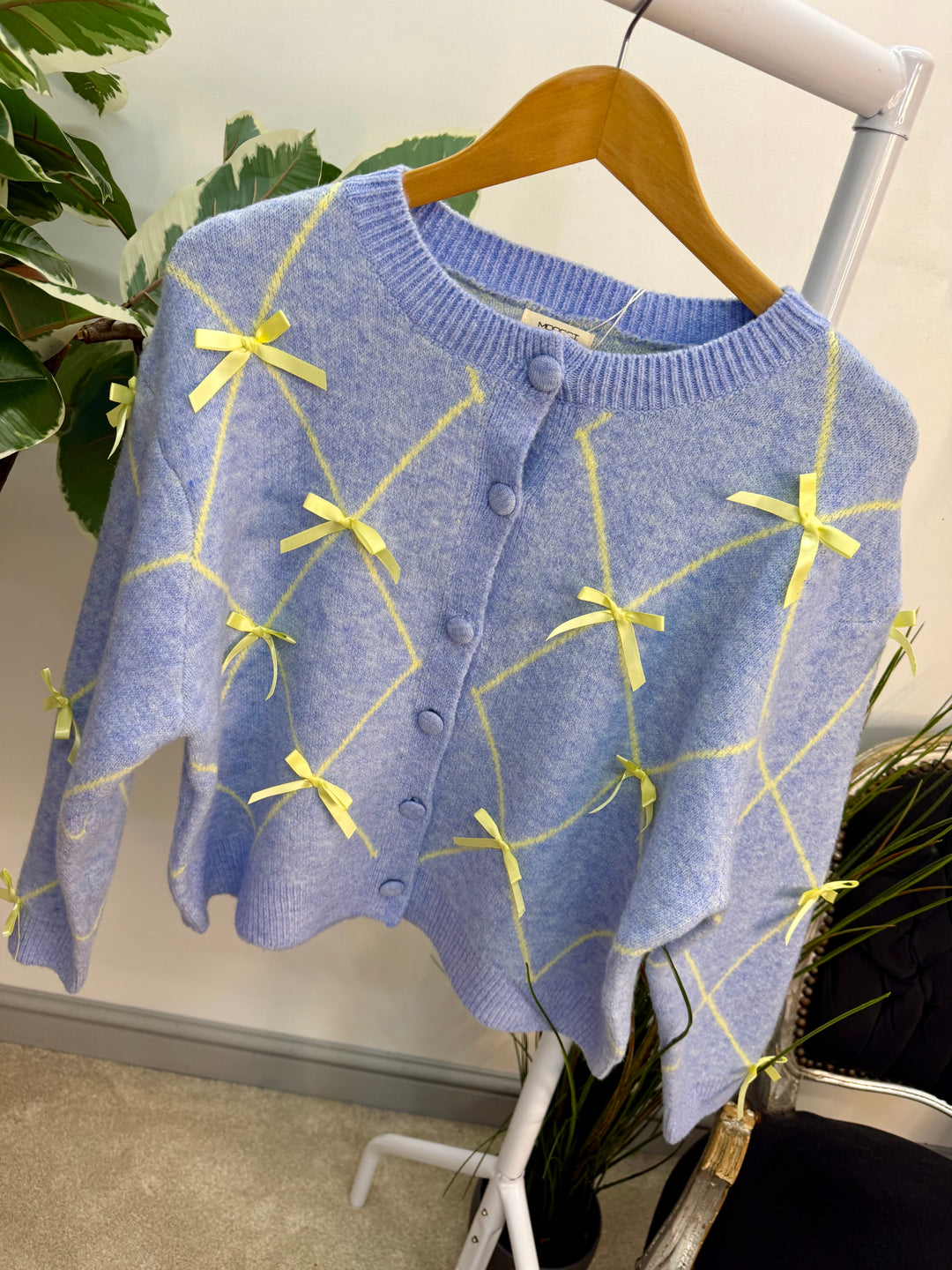 Ladies Fashion Soft Knit Satin Bow Cardigan - blue & pink