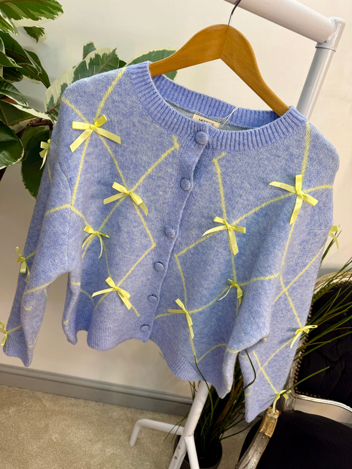 Ladies Fashion Soft Knit Satin Bow Cardigan - blue & pink